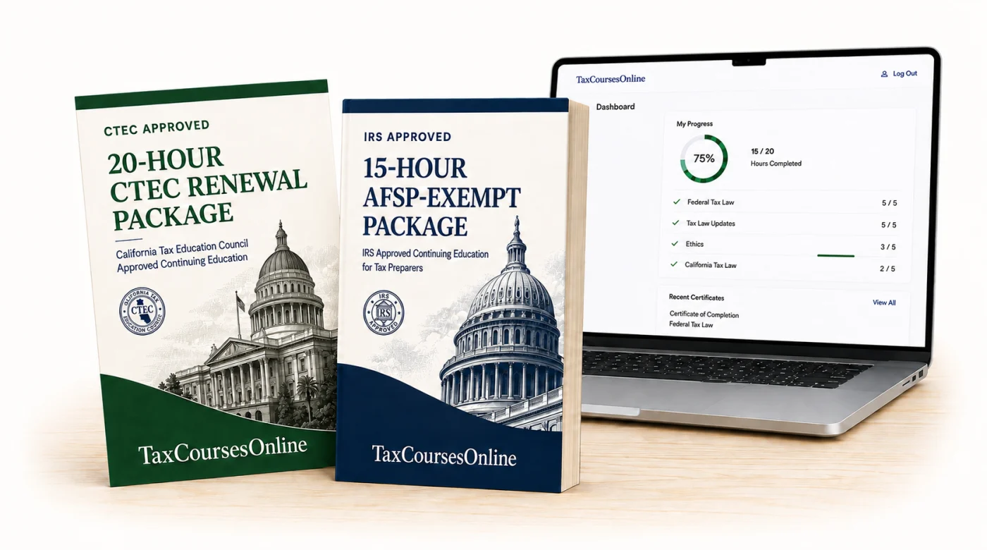 CTEC and IRS continuing education packages displayed with the Tax Courses Online progress dashboard